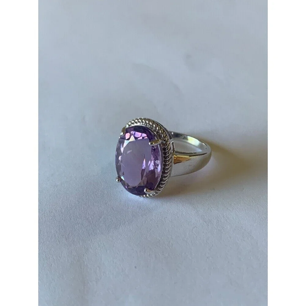 7.7 ct Genuine Purple Amethyst Ring Size‎ 7 Rhodium Plated .925 Sterling Silver